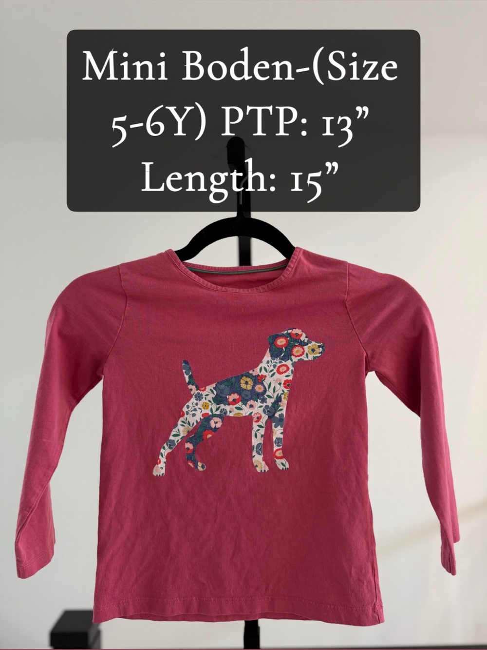 Mini Boden Pink Long Sleeve Tee with Floral Dog Appliqué